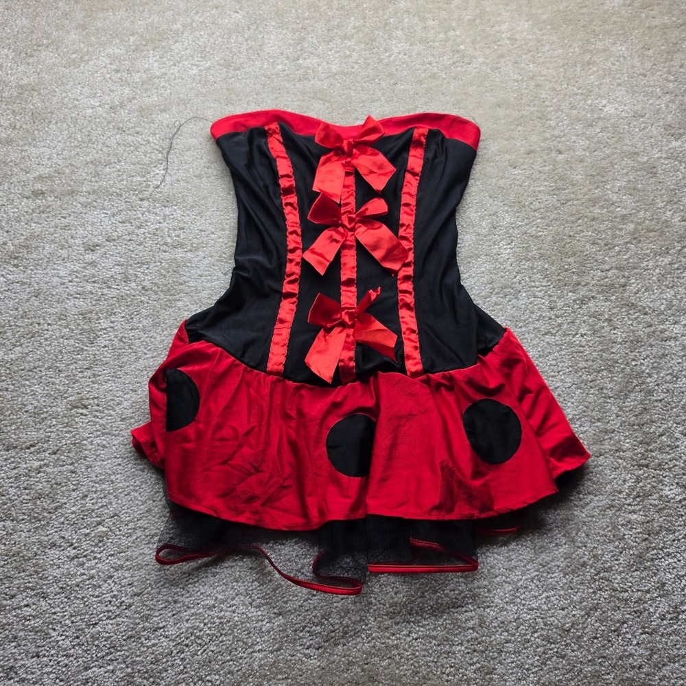 Womens Red Black Ladybug Costume Mini Dress Strapless Bows Polka Dot Sweetheart